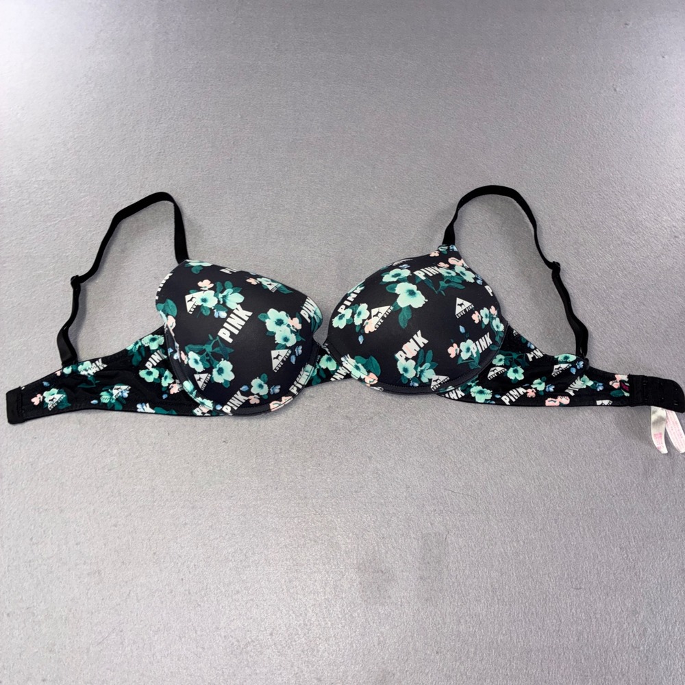 PINK Victoria's Secret T-Shirt Bra Womens 34DD Black Floral Logo Underwire